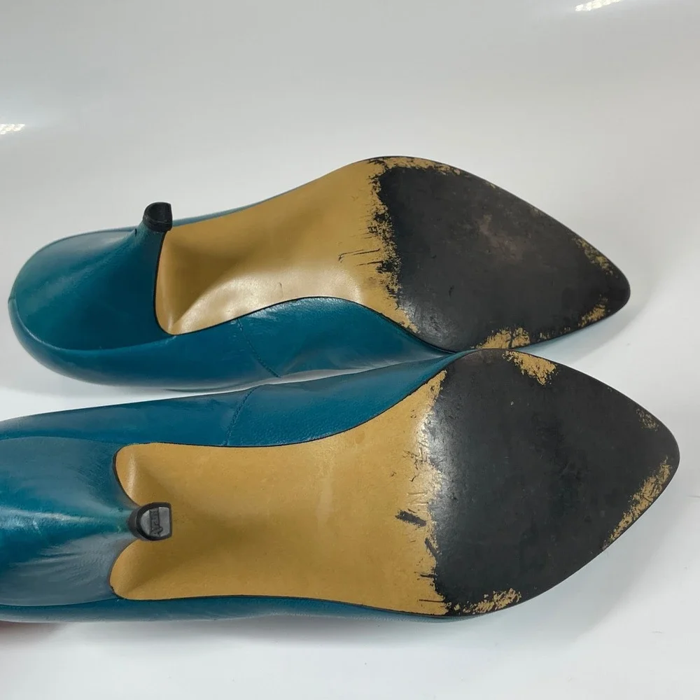 Vintage Nina Turquoise Blue Leather 80s High Heel Pumps Size 6-6.5 Halloween